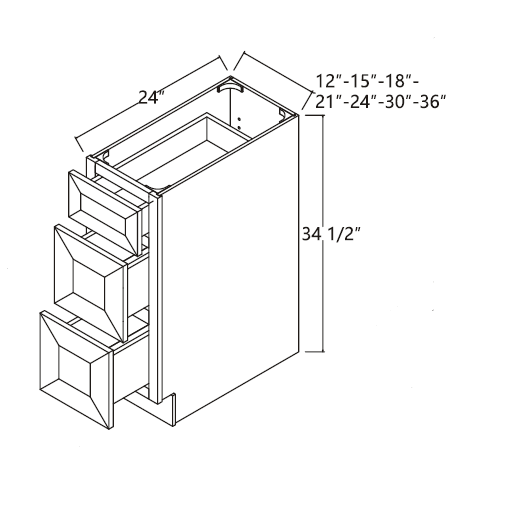 Kitchen Drawer Base Cabinet | Unfinished Poplar | Shaker Style | 24 in | 3  Drawer