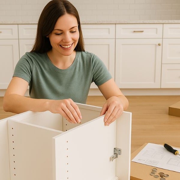 Lady putting together RTA cabinets.
