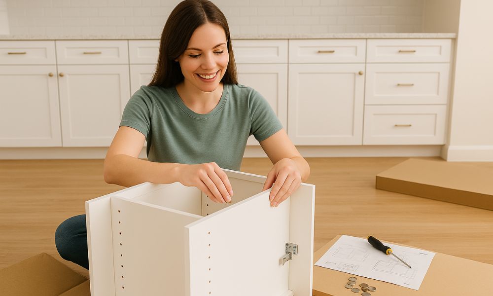 Lady putting together RTA cabinets.