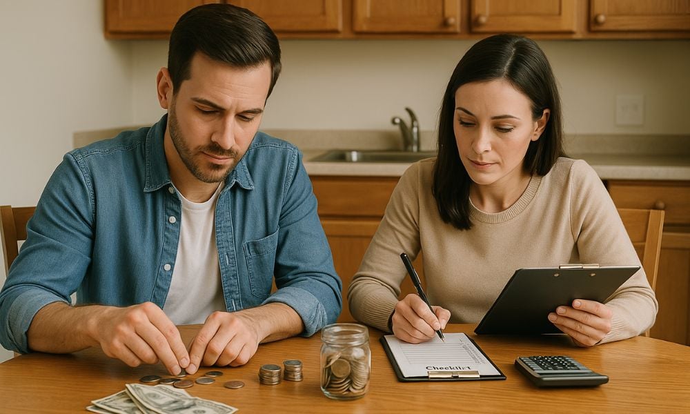 Couple calculating cost of new kitchen