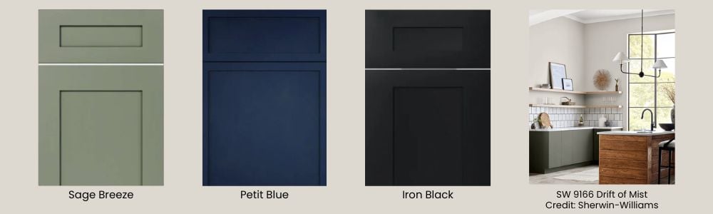 Sage green, navy blue, and iron black cabinets against Drift of Mist, a soft, airy gray paint color.