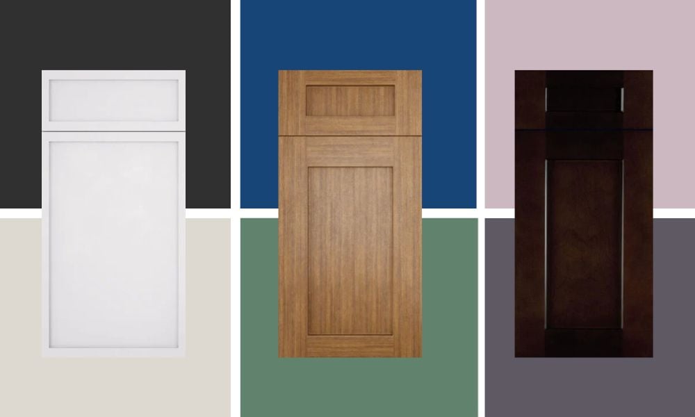 White, wood, and espresso-colored cabinets from Discount Kitchen Direct against a grid of six Sherwin-Williams paint colors.