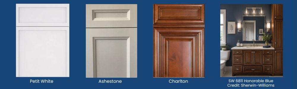 White, grey, and glossy wood cabinets against Honorable Blue, a deep paint color between royal blue and navy.