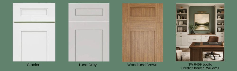 Glacier, Luna Grey, and Woodland Brown cabinets against Jadite, a calming green paint color with blue undertones.
