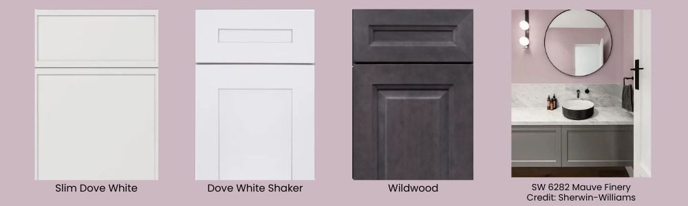 Dove White and Wildwood cabinet doors against a pastel pink-and-purple background called Mauve Finery.