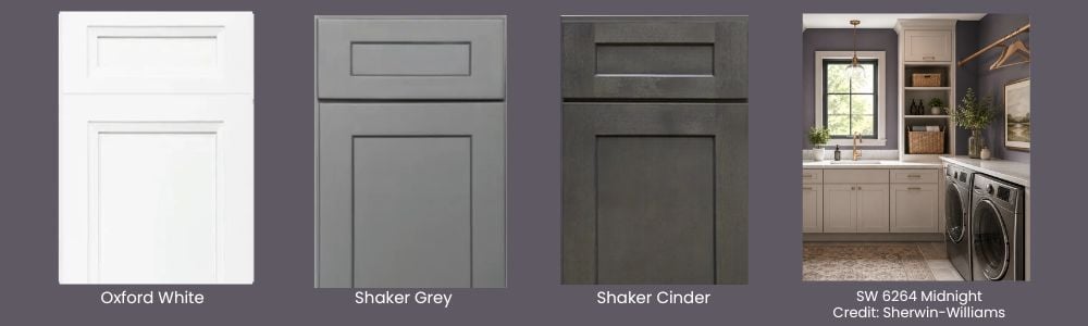 White, grey, and cinder cabinet doors against Midnight, a cool plum paint color with brown undertones.