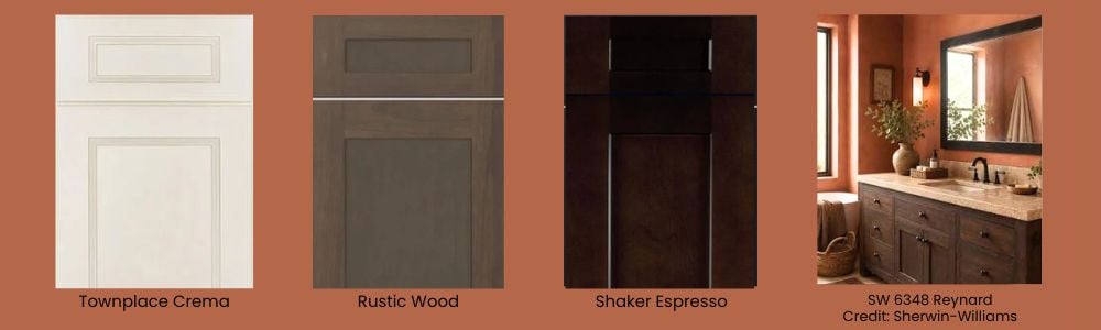 Cream, wood, and espresso-colored shaker cabinets against the paint color Reynard, a medium orange hue.
